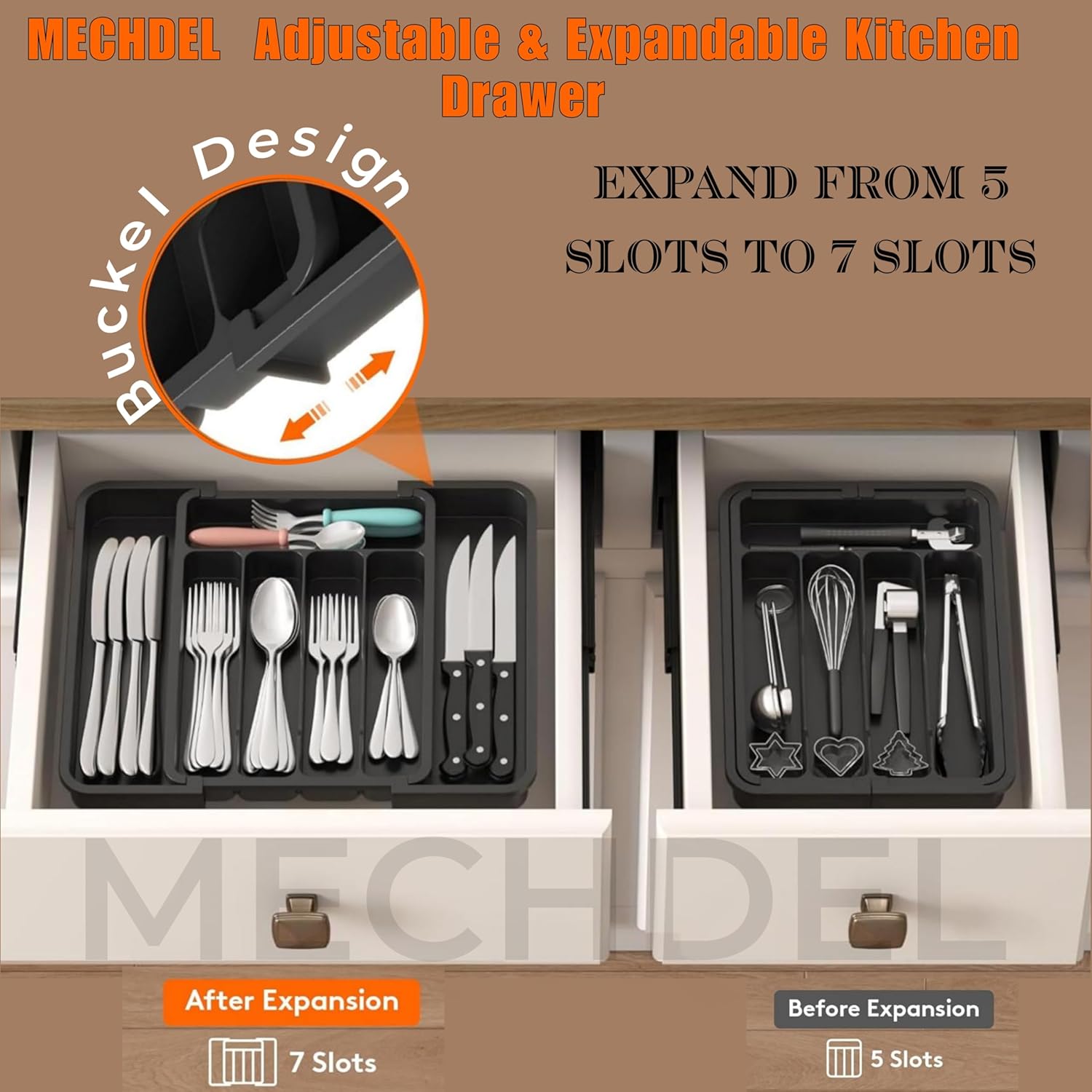 mechdel Drawer Organizer, Expandable BPA Free Utensil Tray for Kitchen, Adjustable Flatware and Cutlery Holder for Spoons Forks Knives, Plastic Kitchen Organizers and Storage (BLACK, 8-Slots)