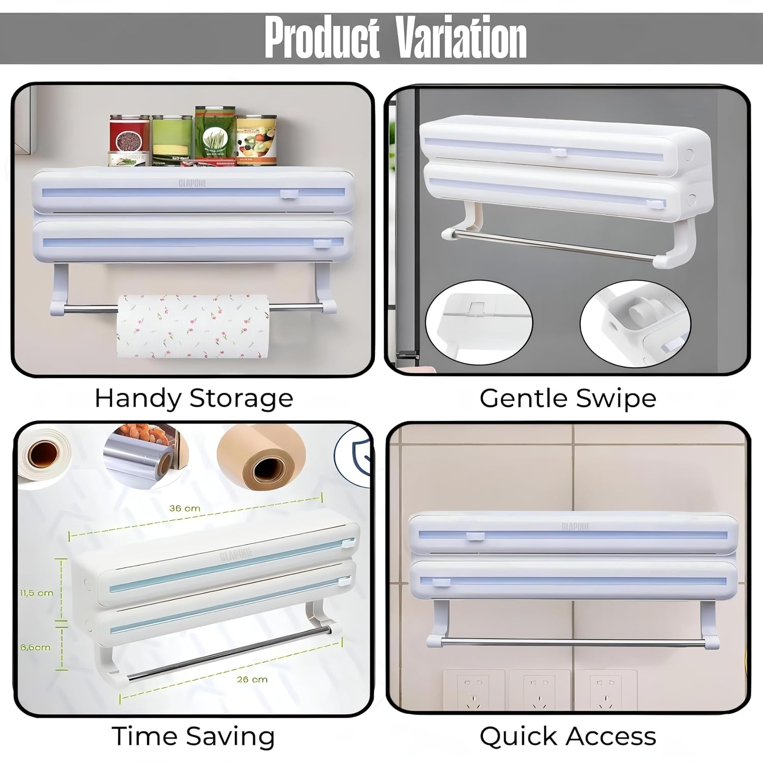 Wrap Organizer with Cutter Plastic Wrap Dispenser 3 in 1 Compatible with Cling Film Paper Towel Holder/Tin Foil and Roti Paper Cutter/Aluminum Foil/Butter/Roti Wrap/Food Roll-White