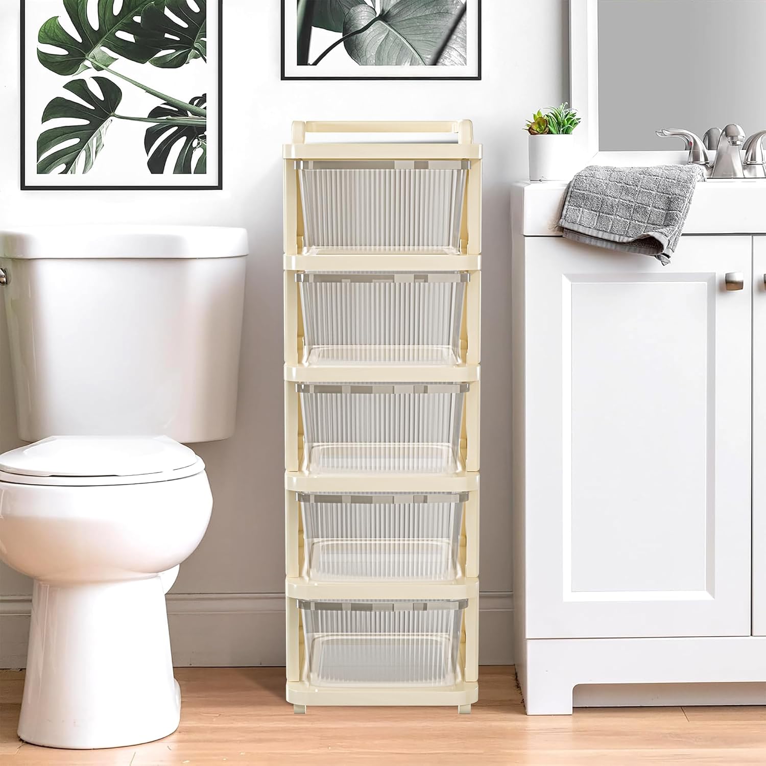 Kuber Industries 5 Layer Plastic Modular Storage Drawer Organizer with Wheels | Chest of Drawer Storage Box for Living Room, Office, School and Home | Toys Organiser for Kids Room | Transparent Ivory