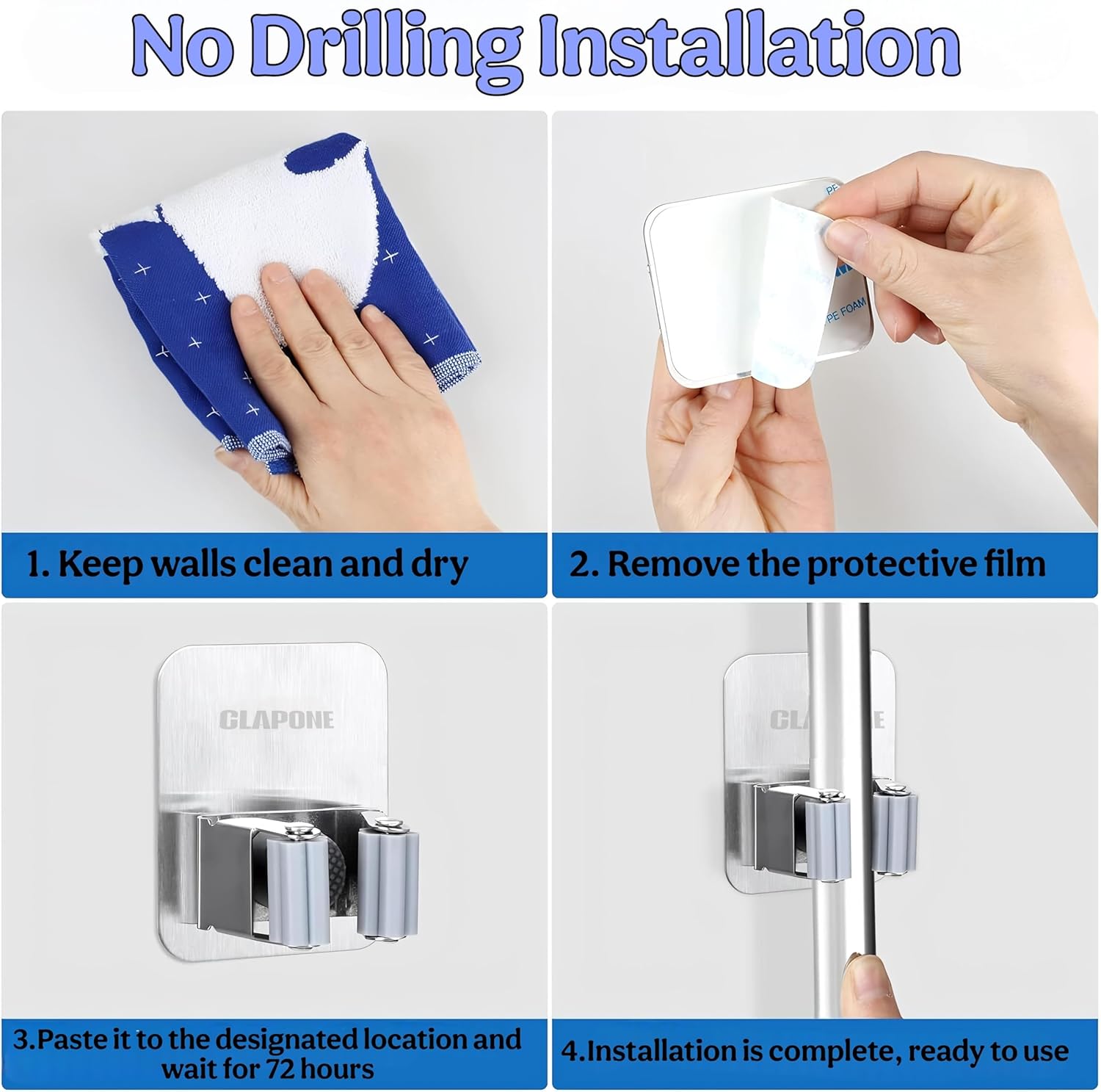 2 Piece Self Adhesive Mop Holder/Wall Mounted Wiper Holder/Storage Organizers/Drill-Free Broom Stick Stand for Home/Indoor-Outdoor/Garage/Commercial/Bathroom Essentials/Umbrella(Grey)