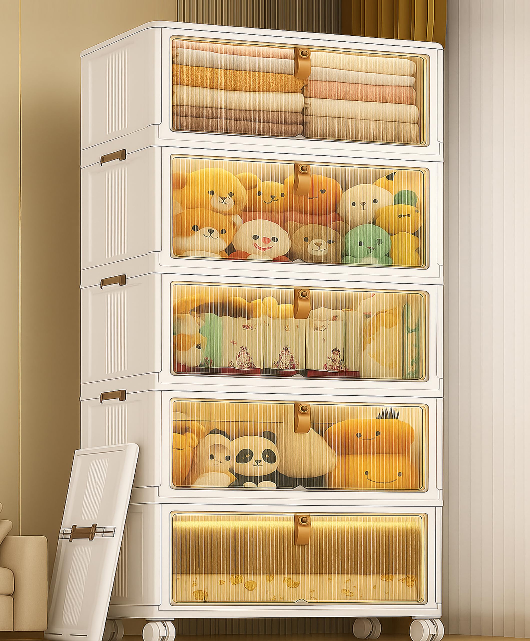 4-Door Plastic Wardrobe for Kids| Almirah and Wardrobe for Baby Clothes| Modular Storage Cabinet with Wheels| Kids Multi-Purpose Collapsible Wardrobe for Shoes/Books/Toy- White