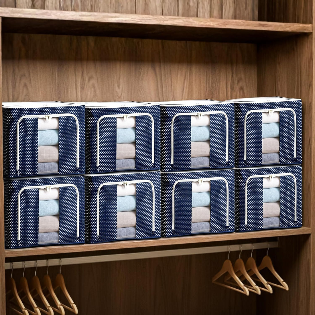 8 Pcs 66 Liters Foldable Steel Frame Cloth Organizer for Storage/Wardrobe Organizer for Storage/almirah organizer for Sarees/Shirts/Blankets/Clothes Storage Box with Handle - (Blue)