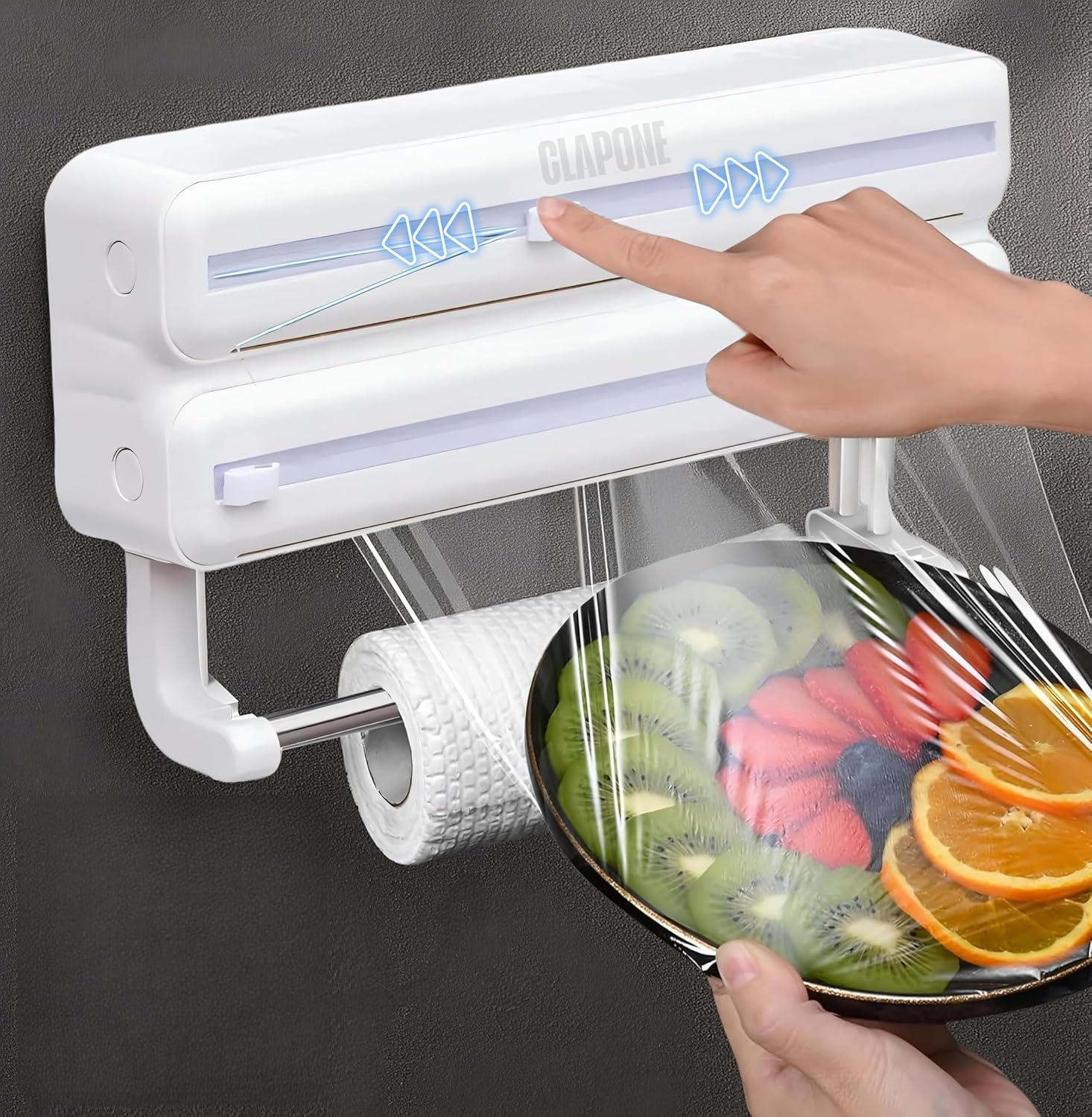 Wrap Organizer with Cutter Plastic Wrap Dispenser 3 in 1 Compatible with Cling Film Paper Towel Holder/Tin Foil and Roti Paper Cutter/Aluminum Foil/Butter/Roti Wrap/Food Roll-White