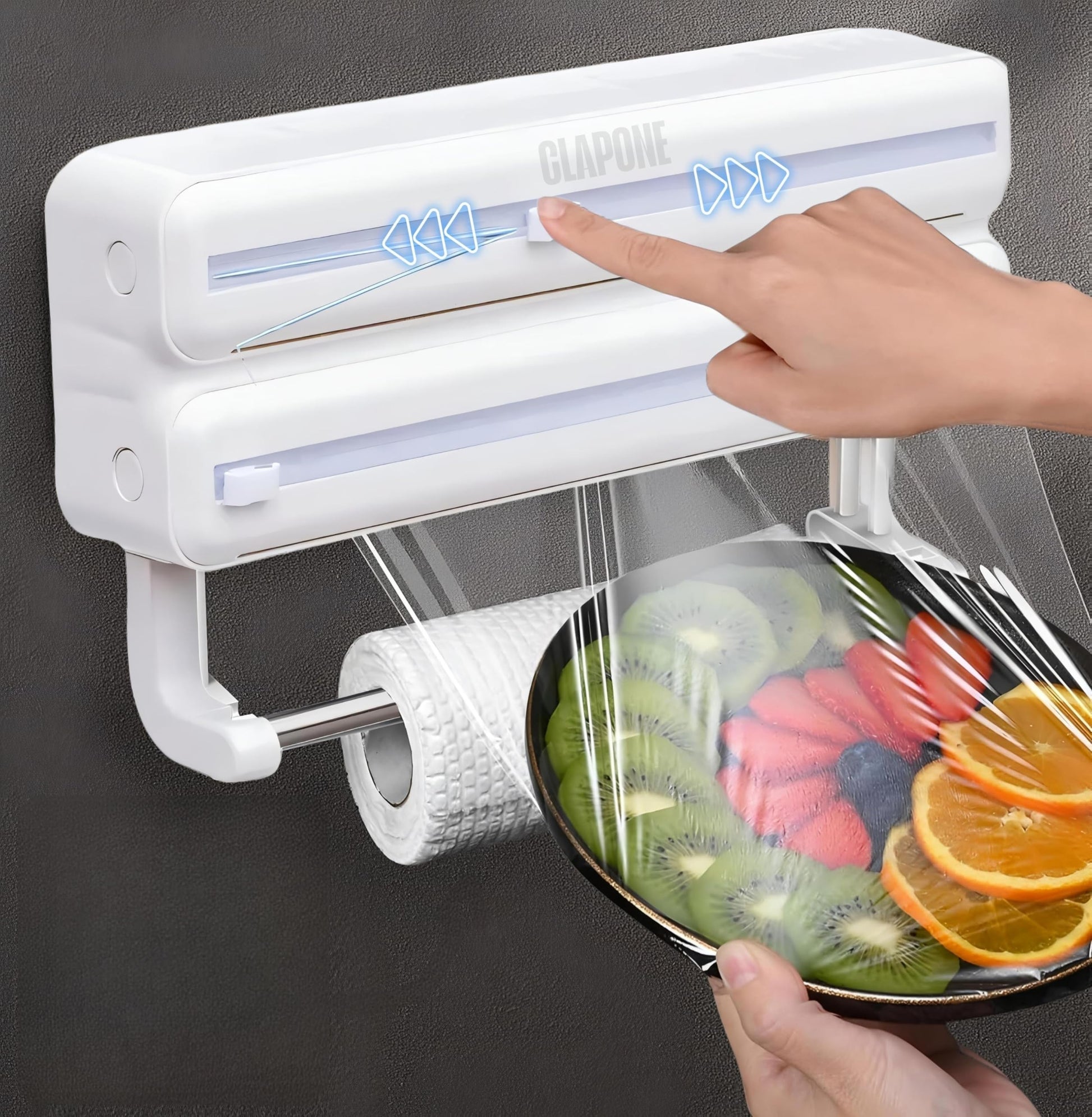 Wrap Organizer with Cutter Plastic Wrap Dispenser 3 in 1 Compatible with Cling Film Paper Towel Holder/Tin Foil and Roti Paper Cutter/Aluminum Foil/Butter/Roti Wrap/Food Roll-White