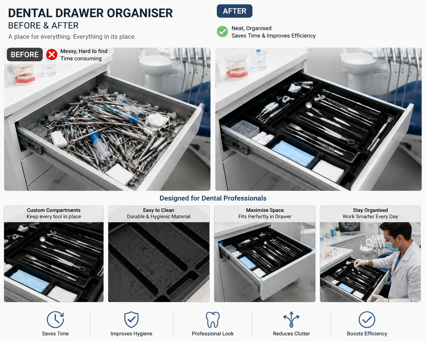MECHDEL Medical Drawer Organiser Tray for Dental Clinic & Hospital Use | Multi-Compartment Plastic Drawer Organizer for Dental Tools, Medical Instruments, Syringe, Cotton & First Aid Accessories | Easy to Wash