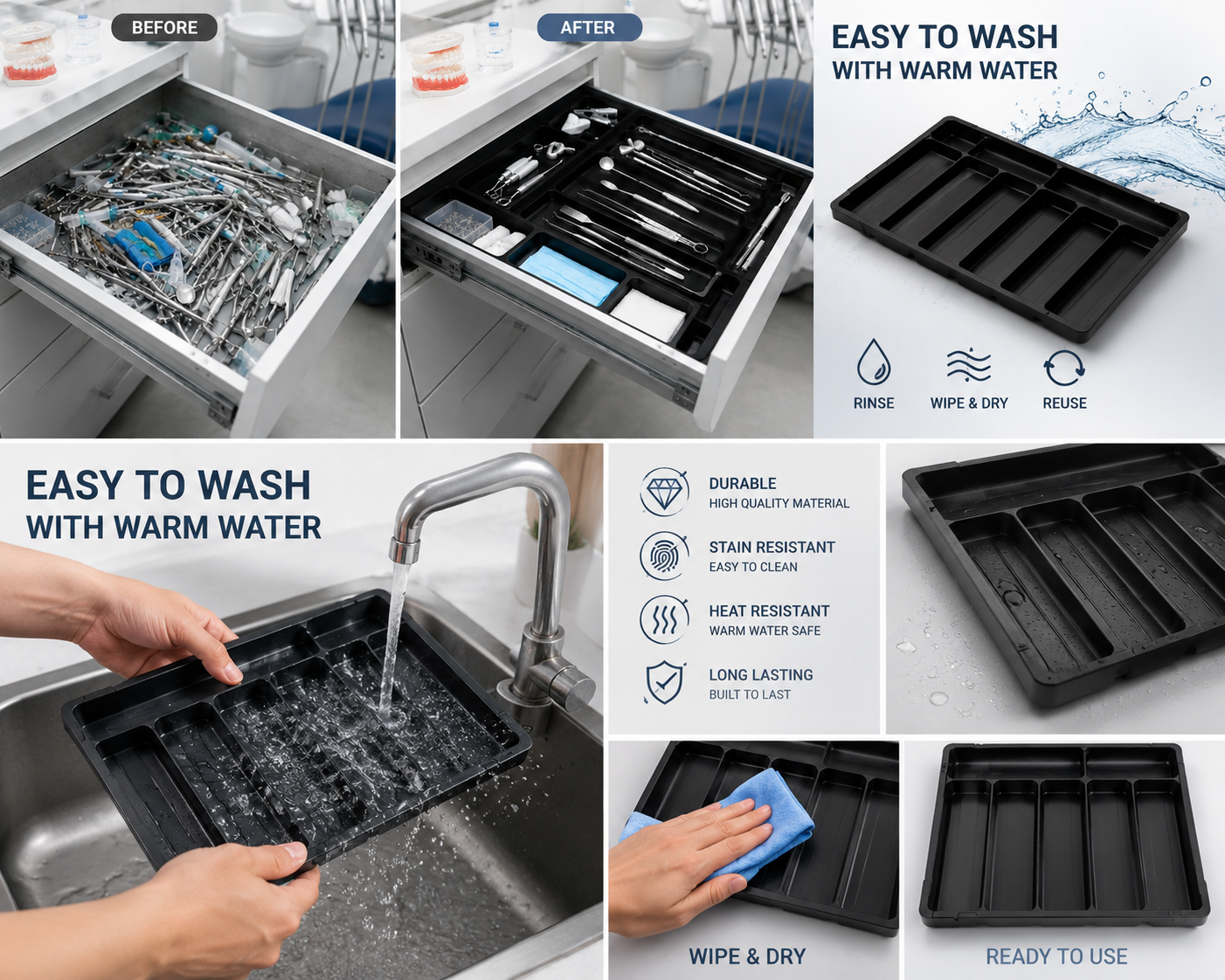 MECHDEL Medical Drawer Organiser Tray for Dental Clinic & Hospital Use | Multi-Compartment Plastic Drawer Organizer for Dental Tools, Medical Instruments, Syringe, Cotton & First Aid Accessories | Easy to Wash