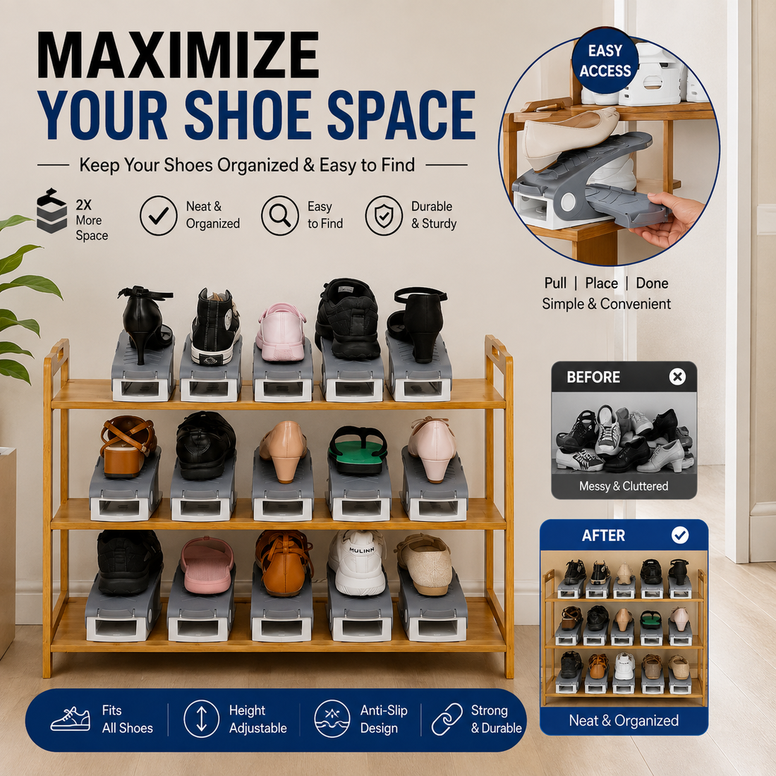 mechdel Adjustable Height Shoe Organizer/Organiser/Shoe Shelf/Rack/Space Saver – Dual Layer Plastic Shoe Stand for Home, Closet & Entryway (Blue, 12PCS)