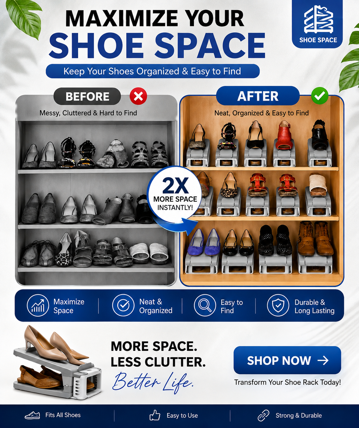 Mechdel Adjustable Dual-Layer Shoe Rack