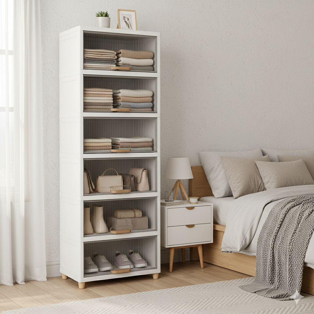 Mechdel Foldable Plastic Cupboard Rack for Clothes Storage - 1 Door Transparent Wardrobe (1PCS, 45 x 38 x 34 Cm)