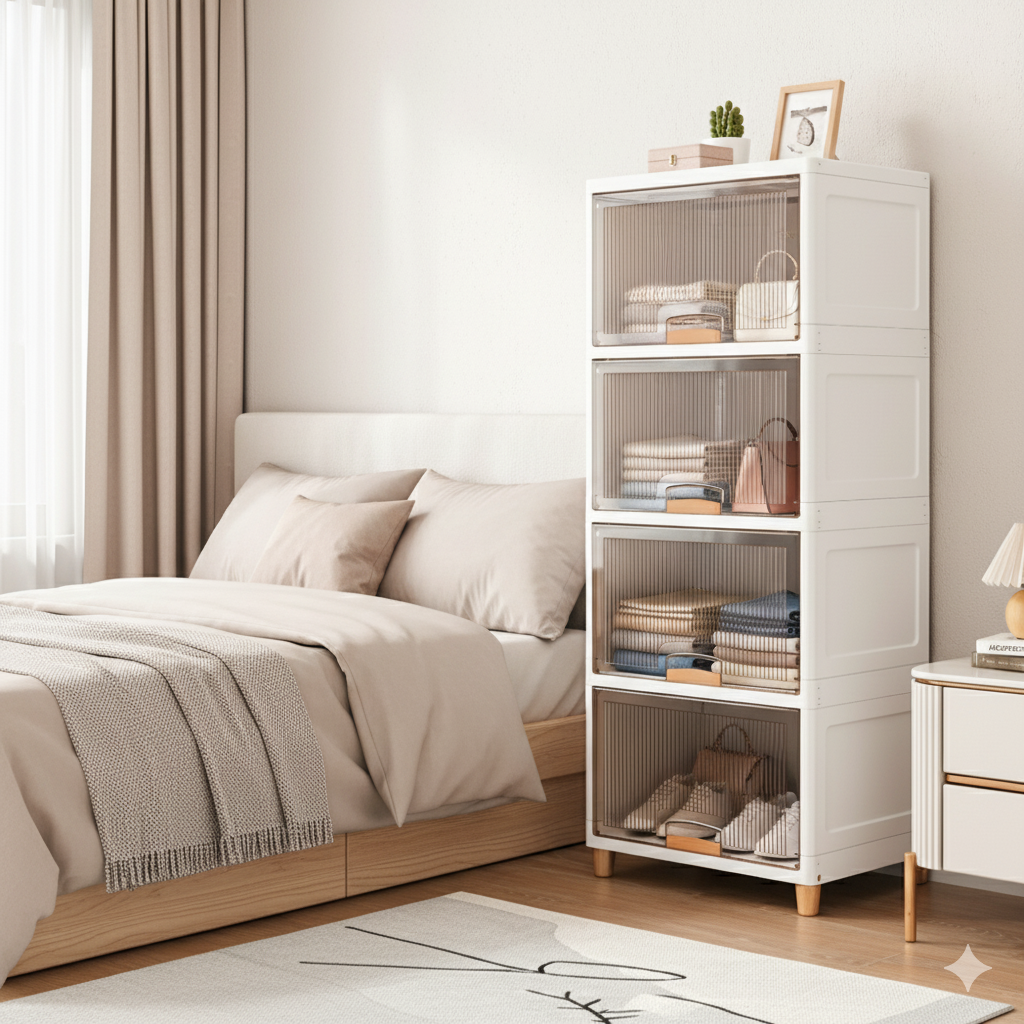 Mechdel Foldable Plastic Cupboard Rack for Clothes Storage - 1 Door Transparent Wardrobe (1PCS, 45 x 38 x 34 Cm)