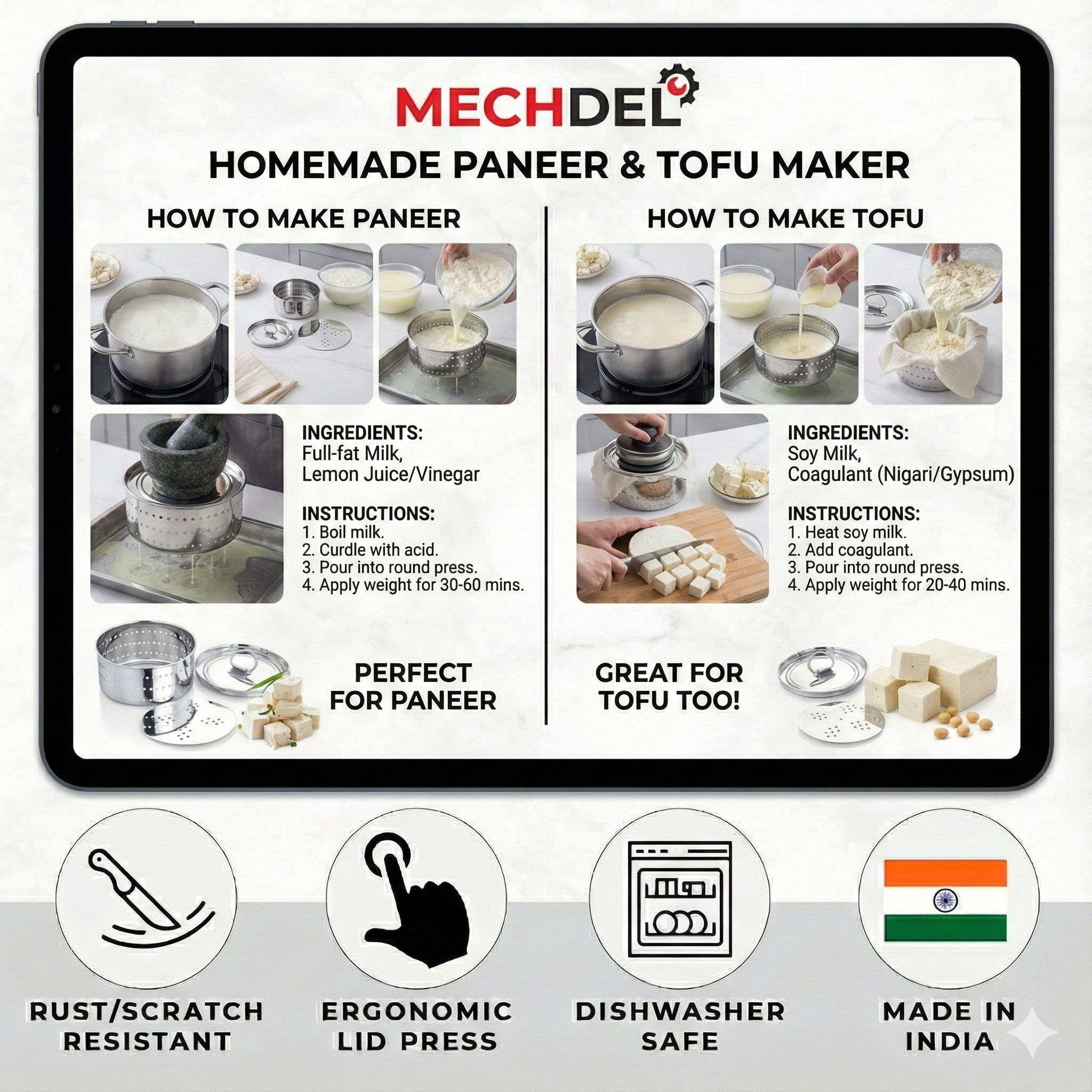 MECHDEL Stainless Steel Paneer Press Maker - Easy to Use Round Shape Mould Machine for Perfect Homemade Tofu or Paneer